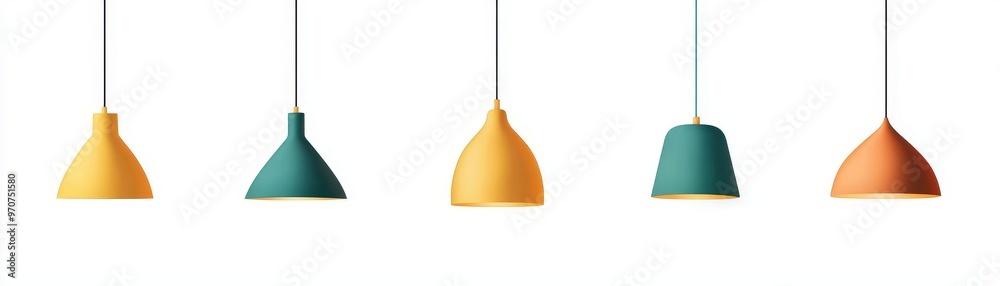 Colorful pendant lamps hanging in a row, perfect for modern interior design and home decor inspiration. Colorful pendant lamps hanging in a row, perfect for modern interior design and home decor inspiration.