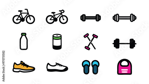 A set of 9 fitness icons depicting various fitness activities and objects.