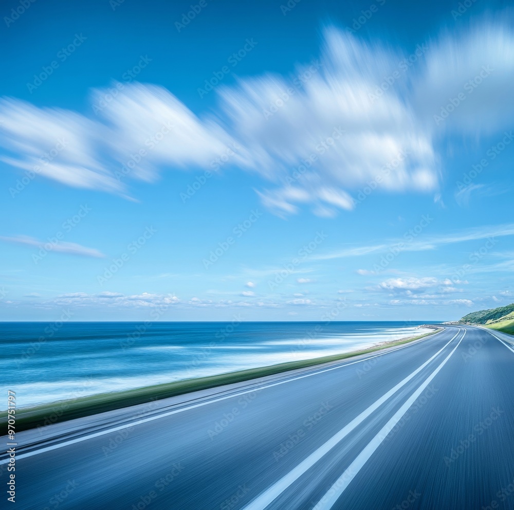 Fototapeta premium Carretera vacía que corre paralela a la costa bajo un cielo azul con nubes difuminadas, transmitiendo una sensación de velocidad y libertad.