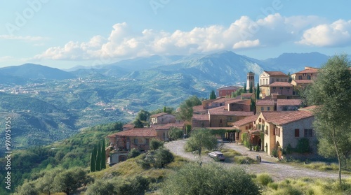 Wallpaper Mural Vista panorámica de un pequeño pueblo en una región montañosa, con casas tradicionales rodeadas de vegetación y paisajes impresionantes. Torontodigital.ca