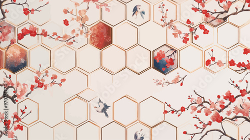 Hexagonal honeycomb structure as the background, showing the oriental art style. The red cherry blossom branches contrast sharply with the blue birds on the white background

