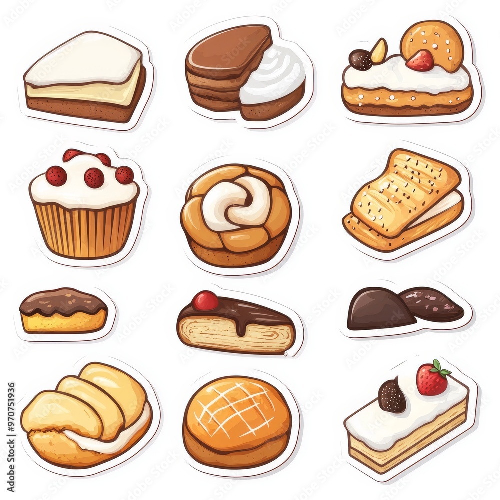 Ilustración de pegatinas de varios pasteles y dulces, decorados con frutas y chocolate, con un estilo artístico y colorido. Ilustración de pegatinas de varios pasteles y dulces, decorados con frutas y chocolate, con un estilo artístico y colorido.