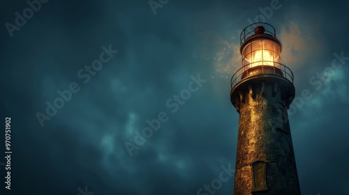 Faro solitario iluminando el cielo oscuro y nublado, evocando una atmósfera de misterio y soledad.