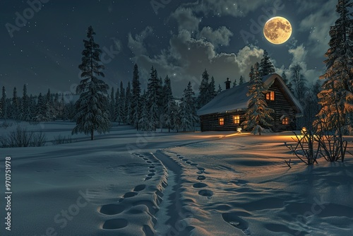 A peaceful nighttime winter landscape with a full moon reflecting on the snow, reindeer tracks leading towards a distant glowing cabin. photo