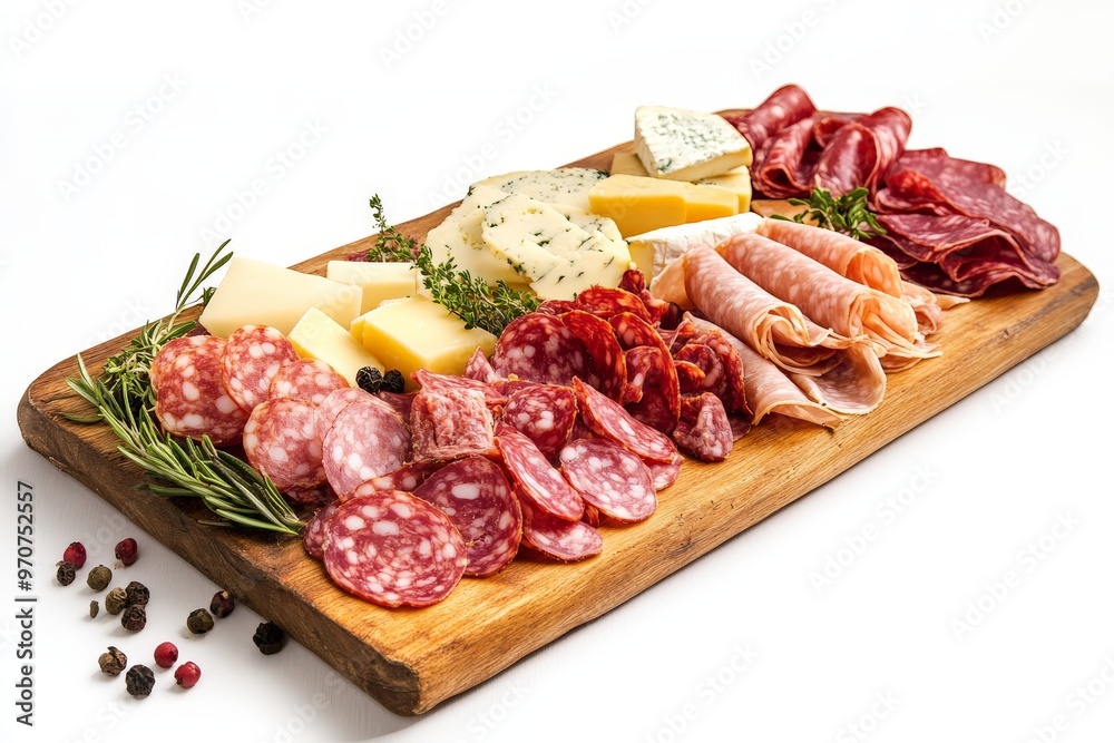 Assorted charcuterie board with meats and cheeses on rustic wooden platter Assorted charcuterie board with meats and cheeses on rustic wooden platter