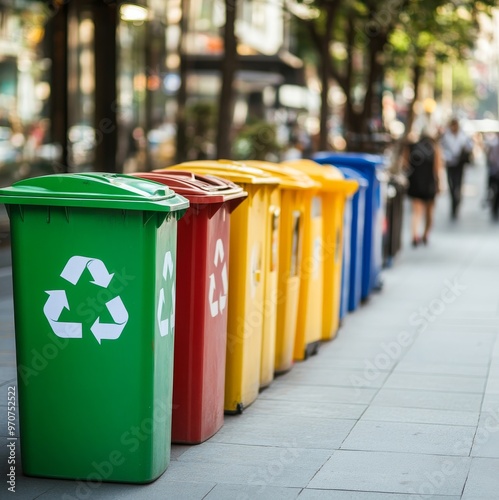 Contenedores de reciclaje de diferentes colores alineados en una acera de la ciudad, destacando el compromiso con la gestión de residuos. photo