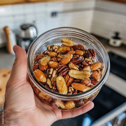 Tarro de cristal lleno de una mezcla de nueces, sostenido por una mano en un entorno de cocina, destacando una opción de snack saludable y natural. photo