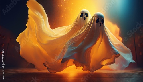 Two whimsical ghosts float in a mystical setting, showcasing playful movement and eerie atmosphere, perfect for Halloween themes. photo