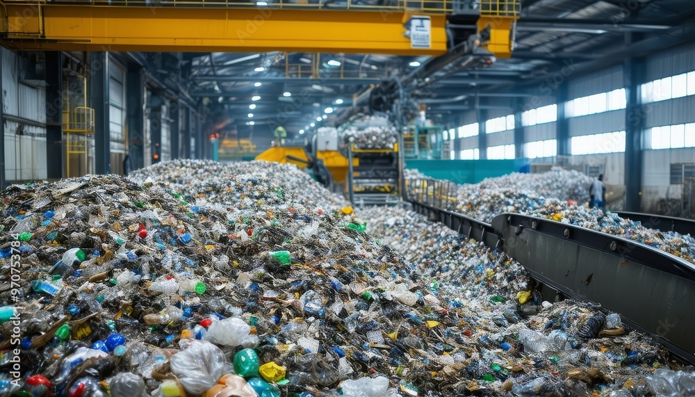 Planta de reciclaje con grandes montañas de basura en una cinta ...