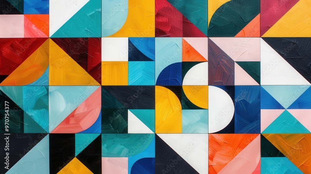 Vibrant Geometric Mosaic, a lively arrangement of diverse shapes and colors, creating an artistic and playful backdrop that energizes any space with its dynamic design. Vibrant Geometric Mosaic, a lively arrangement of diverse shapes and colors, creating an artistic and playful backdrop that energizes any space with its dynamic design.