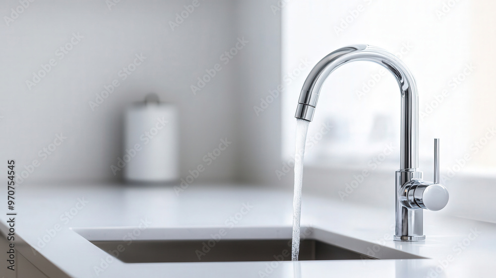 Crystal glass filled with refreshing water under a sleek tap in a modern kitchen, emphasizing hydration, purity, and the importance of clean water resources Crystal glass filled with refreshing water under a sleek tap in a modern kitchen, emphasizing hydration, purity, and the importance of clean water resources