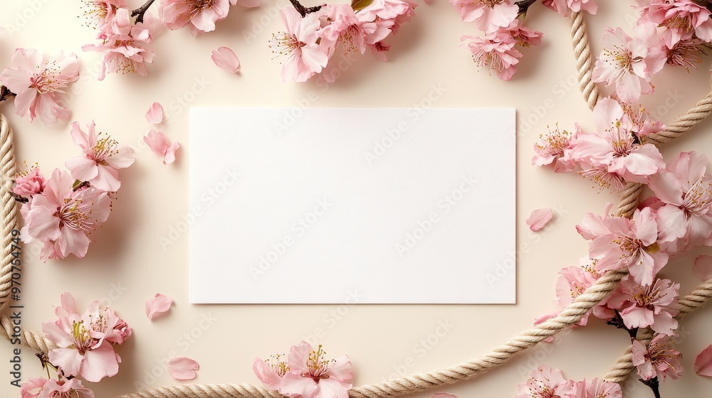 Elegant floral frame, pink cherry blossoms and rope border surrounding blank white paper, suitable for wedding invitation design. The light beige background adds a warm and romantic atmosphere. Elegant floral frame, pink cherry blossoms and rope border surrounding blank white paper, suitable for wedding invitation design. The light beige background adds a warm and romantic atmosphere.