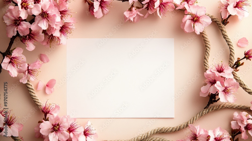 Elegant floral frame, pink cherry blossoms and rope border surrounding blank white paper, suitable for wedding invitation design. The light beige background adds a warm and romantic atmosphere. Elegant floral frame, pink cherry blossoms and rope border surrounding blank white paper, suitable for wedding invitation design. The light beige background adds a warm and romantic atmosphere.