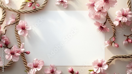 Elegant floral frame, pink cherry blossoms and rope border surrounding blank white paper, suitable for wedding invitation design. The light beige background adds a warm and romantic atmosphere.