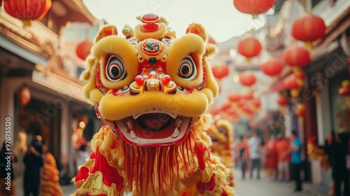 Chinese lion dance show on street in the Chinese New Year festival.Chinese lion costume used during Chinese New Year celebration in China town.Holidays and celebrations concept. Selective focus.