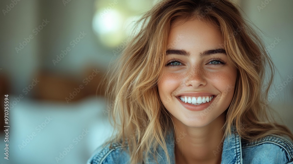 Smiling Woman with Freckles and Wavy Hair Generative AI Smiling Woman with Freckles and Wavy Hair Generative AI