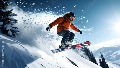 Dynamic snowboarder soaring through winter air, snow flying in energetic jump