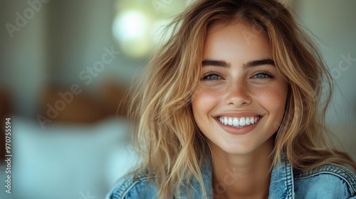 Smiling Woman with Freckles and Wavy Hair Generative AI