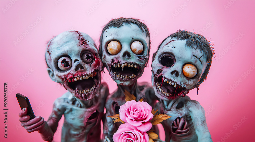 3D clay cute Halloween day party , Zombie Dracula witch doing selfie studio shot . 3D clay cute Halloween day party , Zombie Dracula witch doing selfie studio shot .