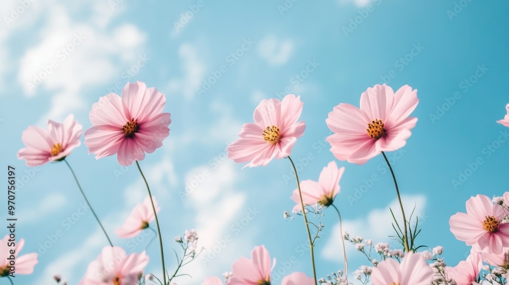Spring flowers fly on a blue sky background. Beautiful pastel pink flower arrangement. Summer wallpaper. Spring flowers fly on a blue sky background. Beautiful pastel pink flower arrangement. Summer wallpaper.