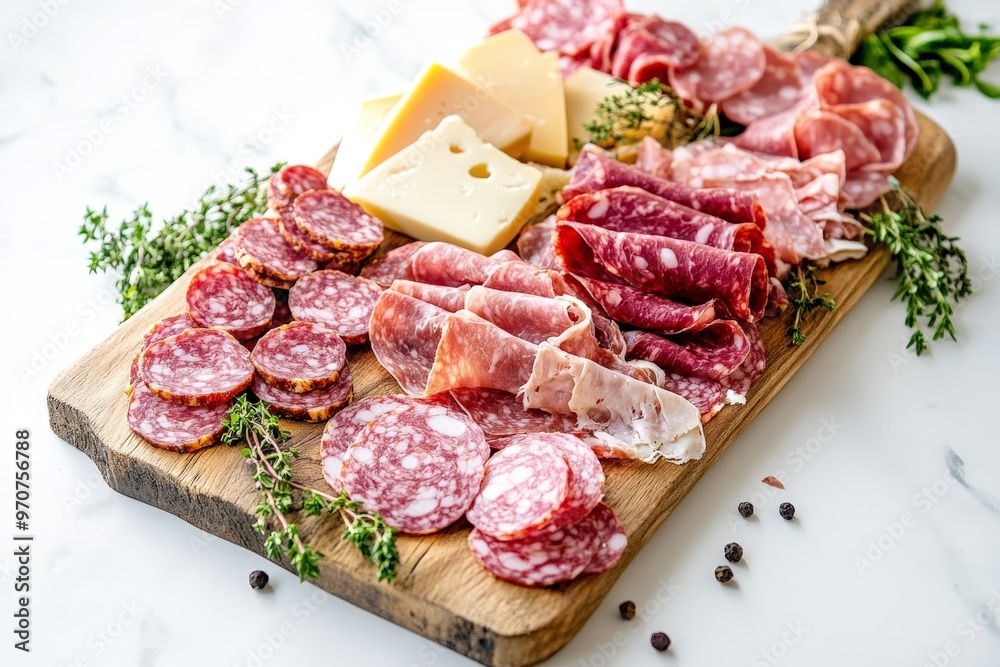 Cold cuts and cheese platter with fresh herbs on wooden board Cold cuts and cheese platter with fresh herbs on wooden board