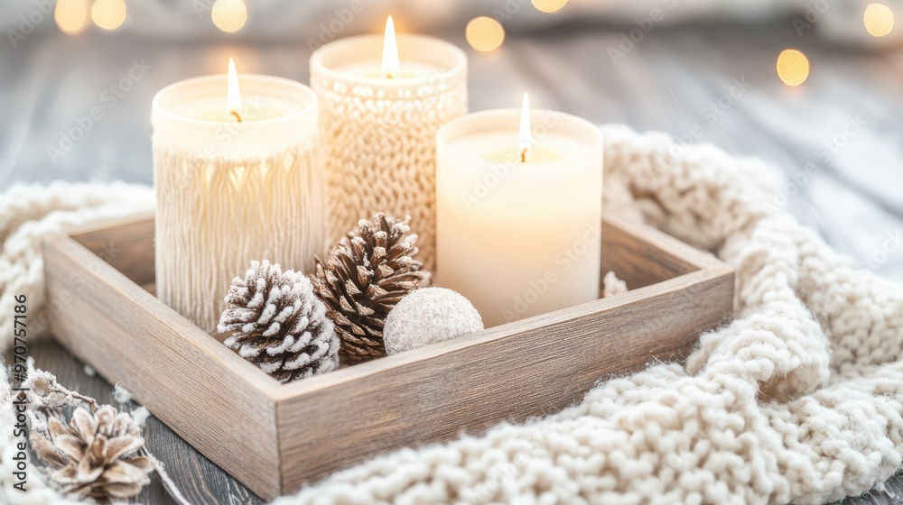 Cozy winter tray with candles, pinecones, and knitted decor, surrounded by soft blankets and warm lighting. Hygge and holiday concept. Cozy winter tray with candles, pinecones, and knitted decor, surrounded by soft blankets and warm lighting. Hygge and holiday concept.