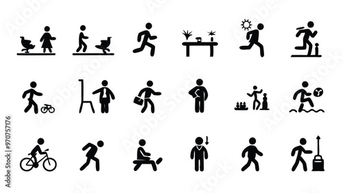 A collection of minimalist people icons depicting various activities.