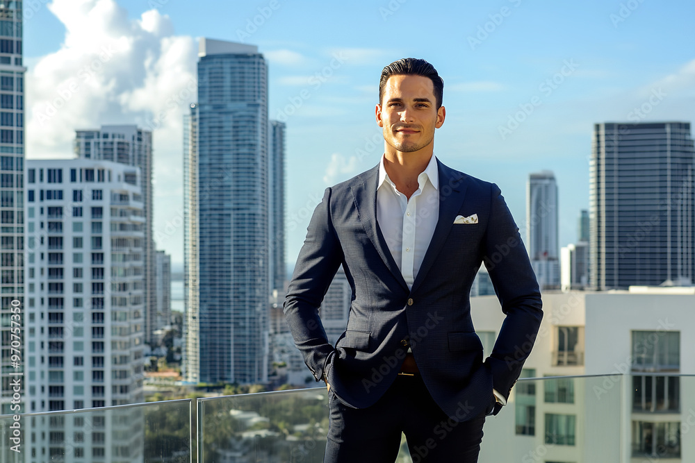 Successful Real Estate Agent with Urban Skyline Background Successful Real Estate Agent with Urban Skyline Background