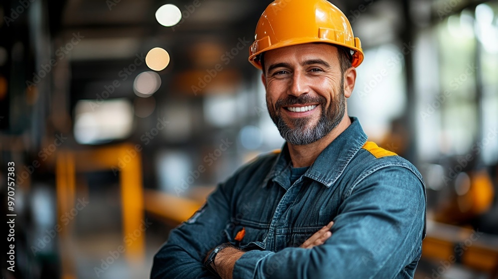 Smiling Construction Worker with Yellow Helmet in a Factory Generative AI Smiling Construction Worker with Yellow Helmet in a Factory Generative AI