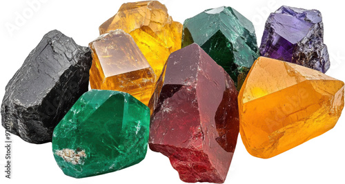 Multicolored Raw Gemstones Isolated on Transparent Background
