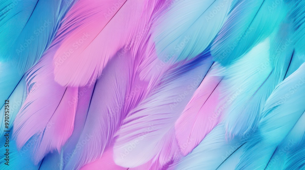 Obraz premium Abstract close-up of colorful pastel feathers in shades of pink, purple, and blue, creating a soft and vibrant seamless pattern.