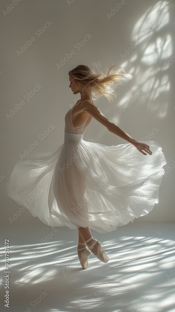 Dancer gracefully twirling in a flowing white dress surrounded by soft natural light indoors Dancer gracefully twirling in a flowing white dress surrounded by soft natural light indoors