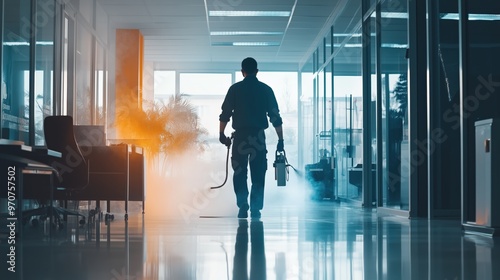 Pest control professional in office environment for effective workspace maintenance photo