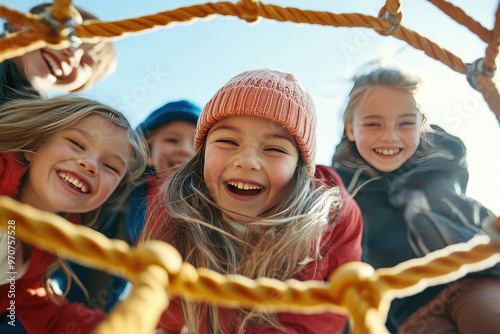 Children playing happily on a colorful jungle gym at a sunny park, filled with joy and excitement, creating precious childhood memories together