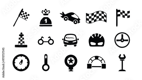 Set of black and white icons representing motorsports.