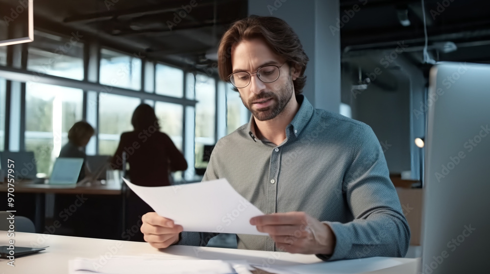 A professional businessman is sitting at his desk in the office, holding documents and looking over them carefully. A professional businessman is sitting at his desk in the office, holding documents and looking over them carefully.