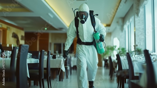 Professional pest control contractor in action at upscale restaurant interior