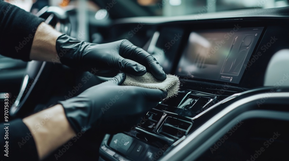 A person wearing black gloves gently cleans a cars infotainment screen using a soft microfiber towel and detailing brush
