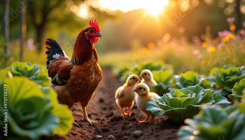 Une poule protectrice guide ses poussins curieux à travers le potager, s'arrêtant devant une belle salade croquante qui attire tous les regards.