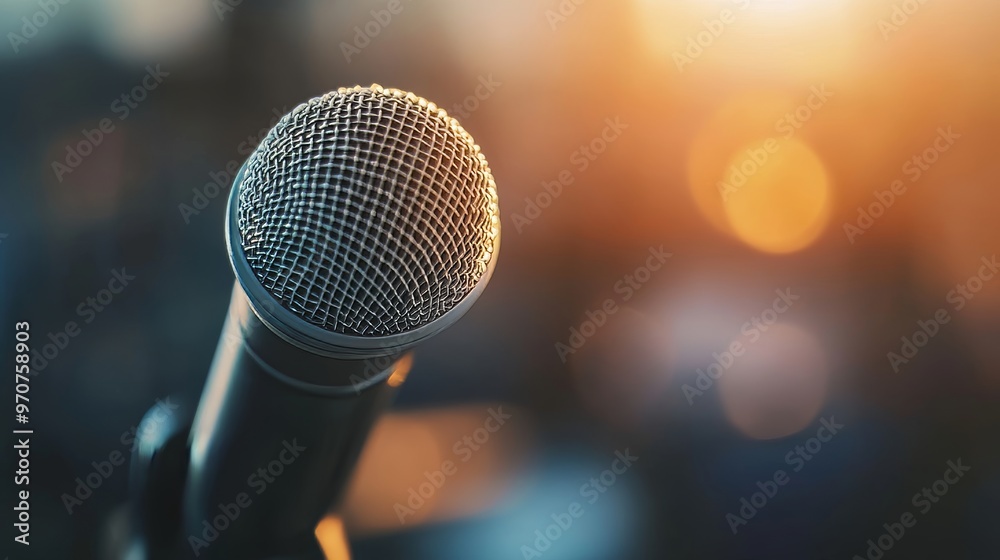 Microphone for press conference speaker report interview concepts or broadcasting public speaking speech presentation stage performance and reporter news with empty copy space background. Microphone for press conference speaker report interview concepts or broadcasting public speaking speech presentation stage performance and reporter news with empty copy space background.