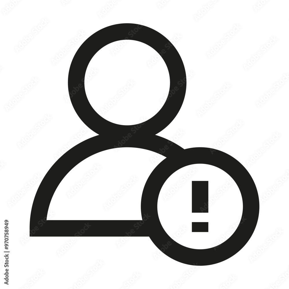 User alert icon. Person with exclamation mark. Warning symbol illustration. Black outline vector. User alert icon. Person with exclamation mark. Warning symbol illustration. Black outline vector.