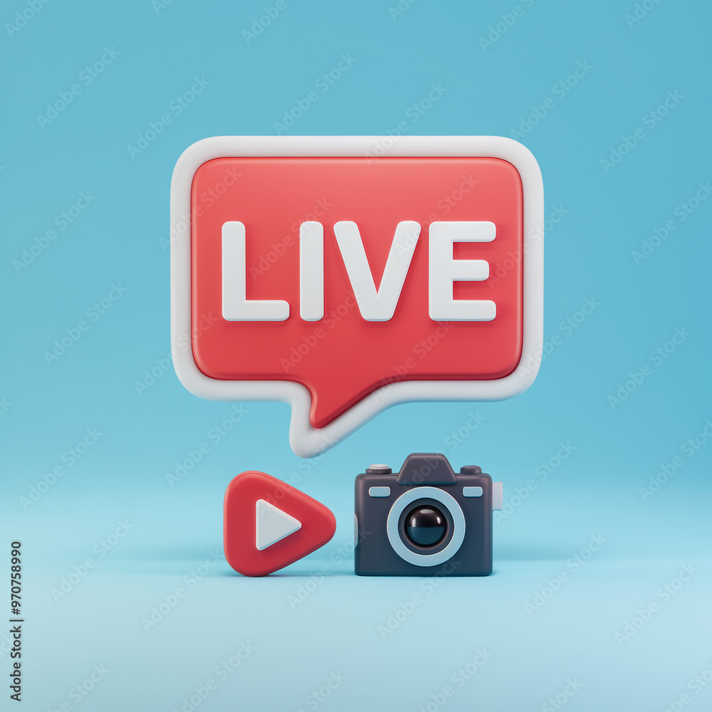 3D illustration of a live streaming concept with a speech bubble, play button, and camera against a blue background.