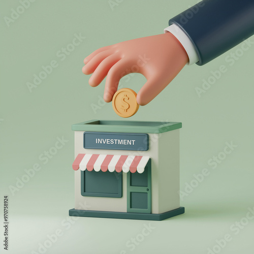 3D illustration of a hand inserting a coin into a small business model labeled investment. Concept of investment and savings.
