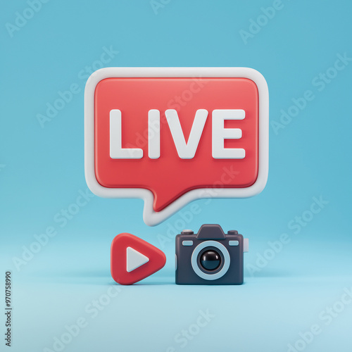 3D illustration of a live streaming concept with a speech bubble, play button, and camera against a blue background.