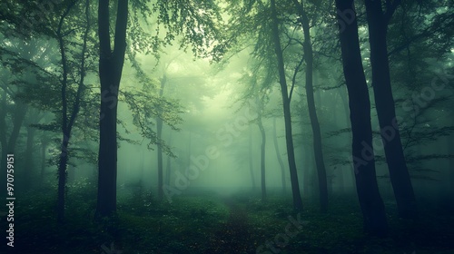 A Foggy Path Through a Dense, Verdant Forest