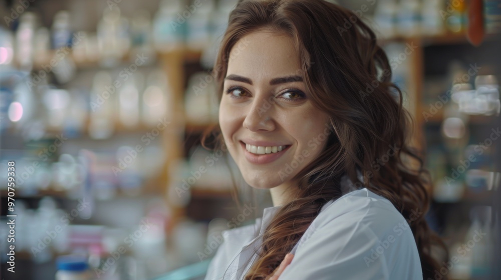 Portrait of young smiling woman, pharmacist at work, with blurred shelves of different medications. Professional occupation Portrait of young smiling woman, pharmacist at work, with blurred shelves of different medications. Professional occupation