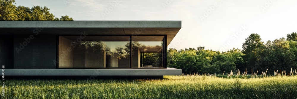 Obraz premium A minimalist concrete house with clean lines and sharp edges, highlighting modern architectural simplicity, architecture background.