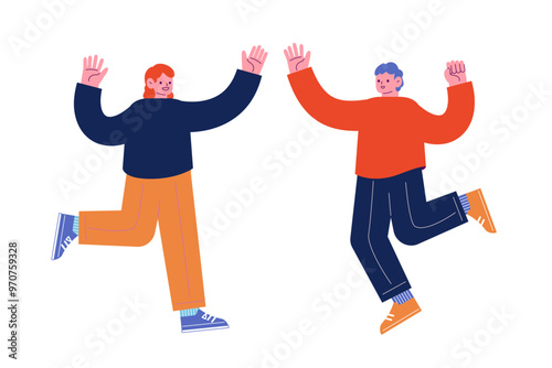 ハイタッチをする陽気な友人達。笑顔でダンスを踊る幸せな人々。漫画のキャラクターベクターイラスト
