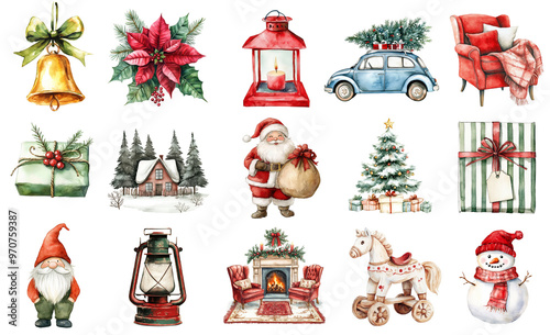 Watercolor Christmas set isolated on transparent background.