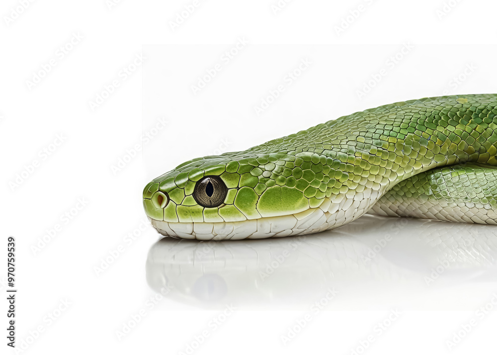 Fototapeta premium Studio photo of a green snake on a white background. Reptile, symbol of 2025.